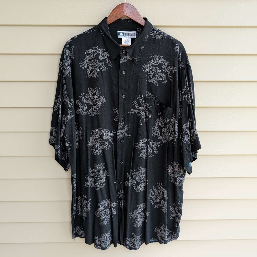 Untied Dragon Print Shirt Mens 2XLT Black Short Sleeve Rayon Button Up Tall